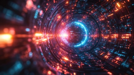 Abstract futuristic tunnel with glowing neon lights and digital data streams.