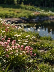 Fototapeta premium Close-up of a grassy hill with white and pink flowers near a pond.