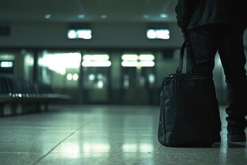 Man standing with luggage, waiting for transportation. Luggage includes a handbag and a duffel bag.