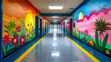 A hallway with a mural on the wall