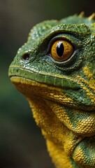 Fototapeta premium Close-up of a green and yellow reptile with a striking yellow eye.