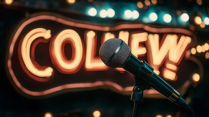 Spotlight on microphone in front of vibrant sign at a lively venue during evening event
