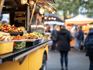 A lively food truck offers gourmet street food at a bustling city festival, providing an inviting atmosphere for attendees with ample copy space on the right