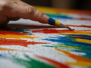 Obraz premium Close-up of a hand painting on canvas with vibrant brushstrokes.
