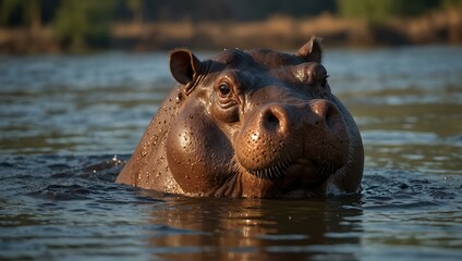 Fototapeta premium Close-up of a hippopotamus in its natural habitat.