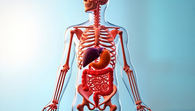 3D medical illustration of human digestive system. Transparent body model shows skeleton, internal organs. Esophagus stomach small bowel large bowel liver, colon visible. Detailed view of human