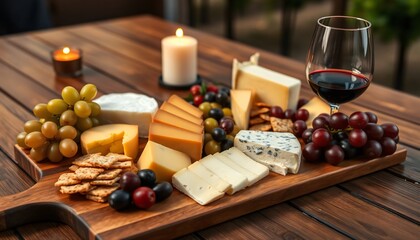 Fototapeta premium A sophisticated cheese board with a variety of gourmet cheeses grapes olives crackers and a glass of red wine. The setting is cozy and elegant with a wooden table candlelight.