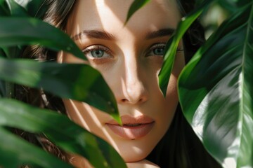 Portrait of a woman peeking through foliage, blurred background, focus on eyes and lips.