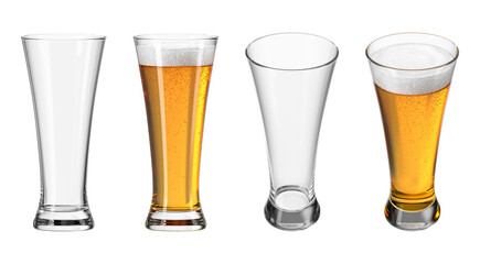Glass with beer on isolated transparent background. Set of empty glasses and with drink in different angles. Bar theme. 3d rendering.