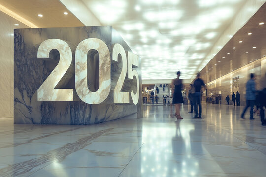 Number "2052" is written in large letters on the wall of an office building. People walk around, marble texture and a minimalist style.