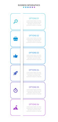 Vertical progress bar featuring 6 arrow-shaped elements, symbolizing the six stages of business strategy and progression. Clean timeline infographic design template. Vector for mobile presentation.