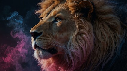 Naklejka premium Close-up of a lion's face bathed in vibrant pink and blue light with swirling smoke.