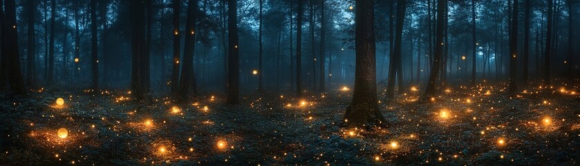 Obraz premium Magical fireflies illuminating enchanted forest at night nature photography mysterious atmosphere dreamy landscape