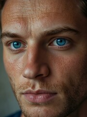 Obraz premium Close-up of a man with striking blue eyes and strong facial features.
