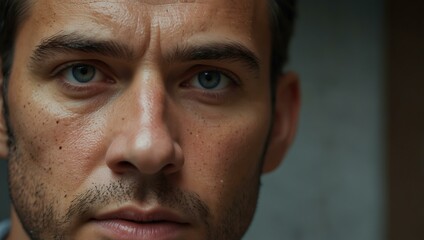 Obraz premium Close-up of a man’s determined face, reflecting resilience.