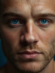 Obraz premium Close-up of a man with striking blue eyes and strong facial features.
