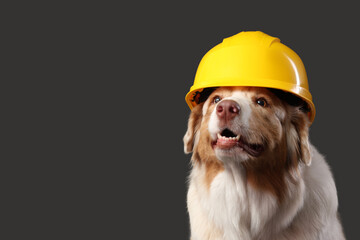 Cute Australian Shepherd dog in builder's hardhat on black background, closeup