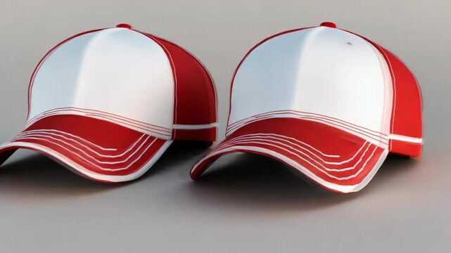 Red and white baseball caps arranged neatly on a flat surface in a well-lit setting showcasing casual fashion accessories