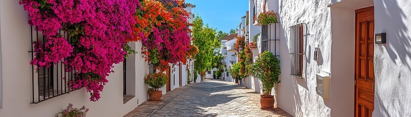 Charming whitewashed streets with vibrant bougainvillea in a picturesque village landscape photography sunny day scenic view