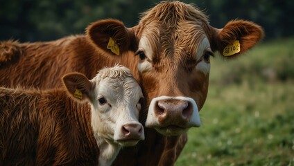 Close-up of a mother cow with her calf.