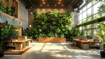 Fototapeta premium A large office space with a green wall and plants