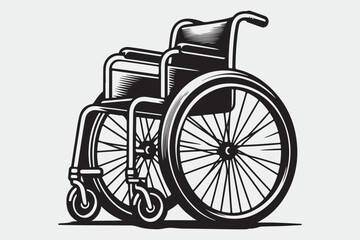 Black and white line art illustration of a wheelchair.