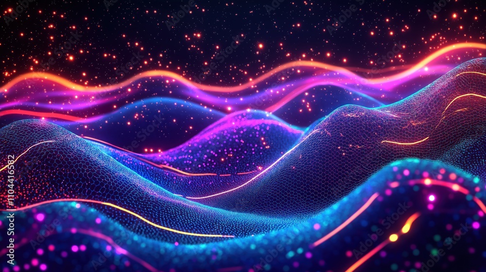 Poster Abstract digital waves with glowing neon lines. Futuristic tech landscape. Vivid colors like pink blue, orange. Mesh pattern, glowing particles create dynamic effect. Cyber virtual background.