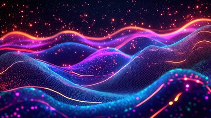 Fototapeta premium Abstract digital waves with glowing neon lines. Futuristic tech landscape. Vivid colors like pink blue, orange. Mesh pattern, glowing particles create dynamic effect. Cyber virtual background.