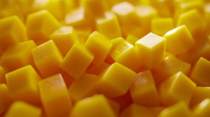 Bright, glossy yellow jelly cubes stacked in an abstract pattern.