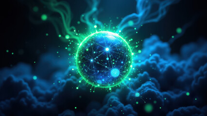 Obraz premium A digitally rendered blue sphere with particles emitting from it.