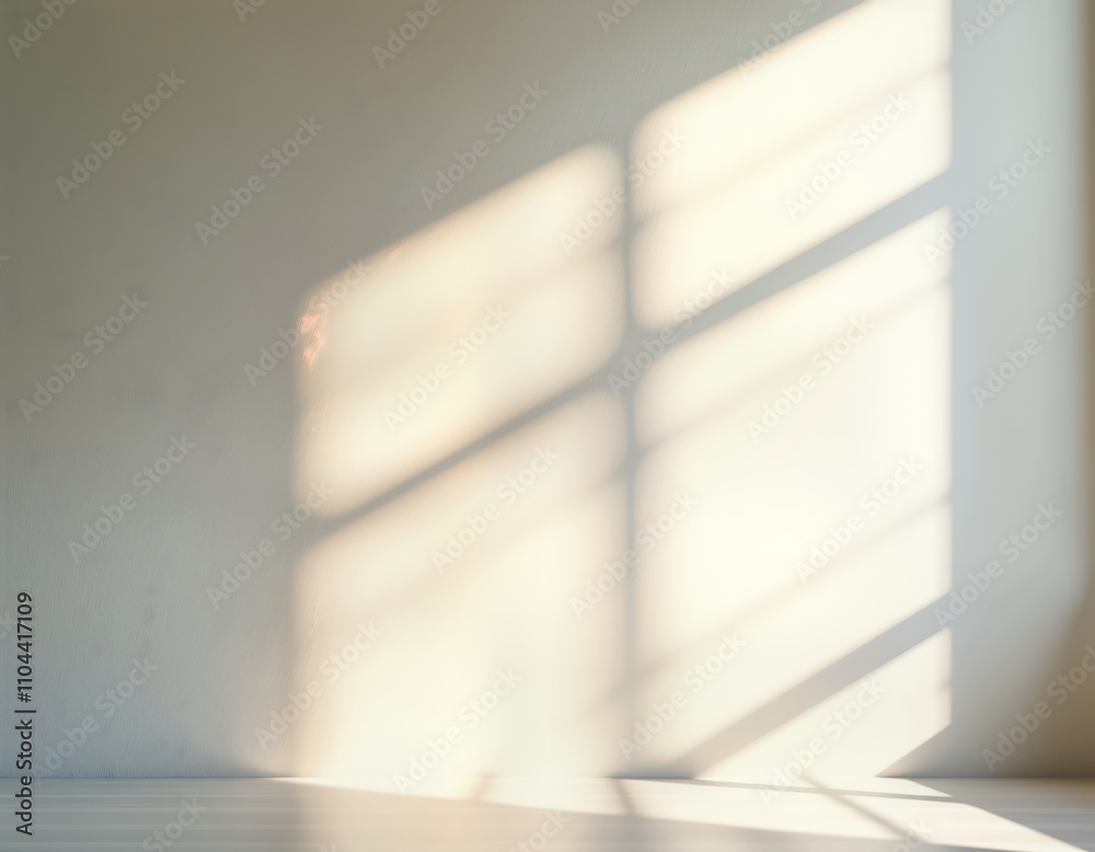 Poster Sunlight streams through window creating soft shadows, diagonal striped light patterns on light gray wall. Abstract geometric light, shadow interplay. Simple, minimal design. Suitable for backdrop