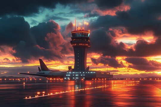 Distant airplane soaring over illuminated control tower with dramatic evening sky