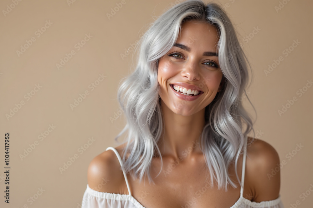 Wall mural Smiling Young Woman with Light Grey Wavy Hair Against a Neutral Background