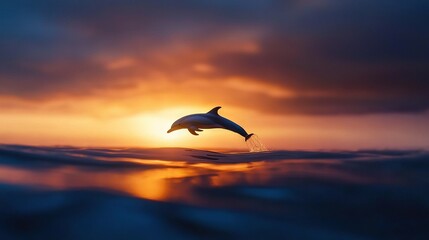   A dolphin jumps out of water against an orange-blue backdrop with sunshine behind it