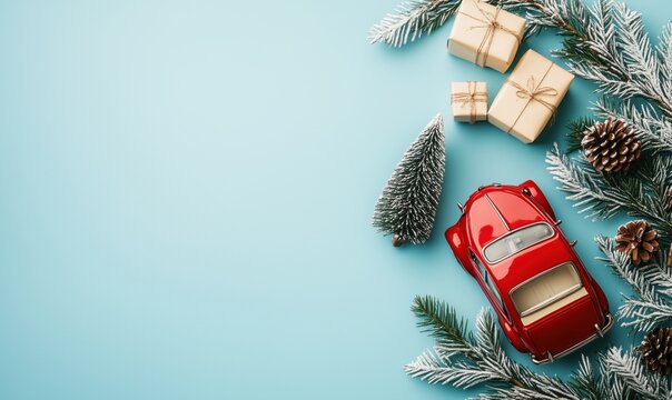 Red vintage car holiday decoration with gifts, pine cones, and evergreen branches - Powered by Adobe