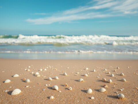 Seashells scattered on sandy shore with waves in background, beach combing, tide