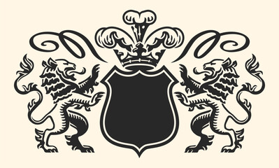 Heraldic coat of arms with lions, shield and crown. Royal emblem vector illustration