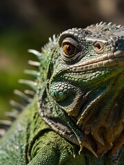 Fototapeta premium Close-up of a vibrant green iguana outdoors.