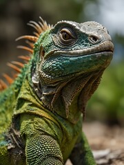 Fototapeta premium Close-up of a vibrant green iguana outdoors.