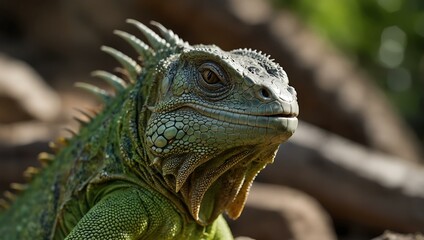 Close-up of a vibrant green iguana outdoors.