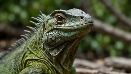 Obraz premium Close-up of a vibrant green iguana outdoors.
