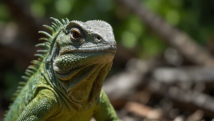 Obraz premium Close-up of a vibrant green iguana outdoors.
