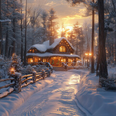 cozy beautiful house waiting for new year holidays, snowy forest, winter landscape