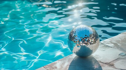 A disco ball glimmers in sunlight, perched on the poolside edge.