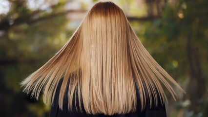 Straight, healthy hair viewed from the back perspective. The hair is medium length and has a slight wave