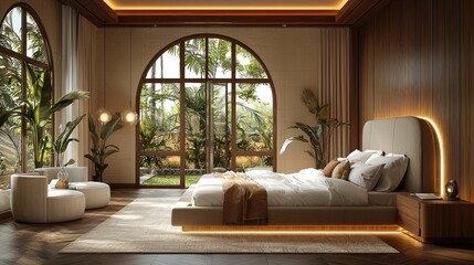 Obraz premium Contemporary dark wooden bedroom with parquet and arched windows. Double bed, carpets and armchairs in white and beige tones. Japandi interior design, 3d illustration