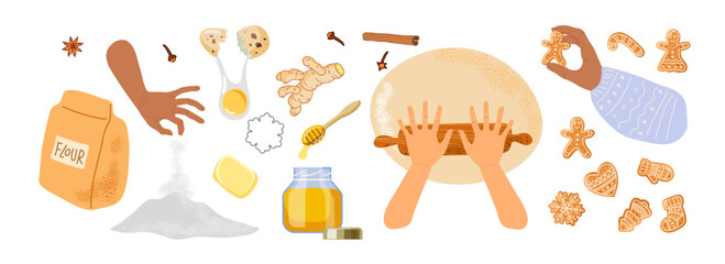Cooking homemade traditional gingerbread cookies. Human hands cooking food, ingredients, gingerbread. Vector illustration isolated on white background. Bakery process Kitchenware, cooking utensil