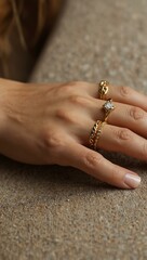 Obraz premium Close-up of a woman's hand with gold jewelry.