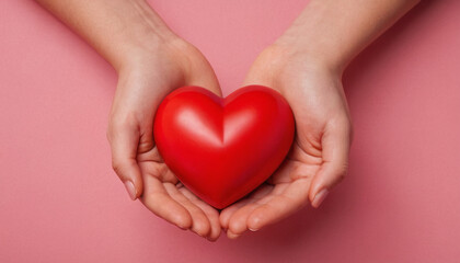 Hands Holding a Red Heart Shape Against a Pink Background Symbolizing Love
