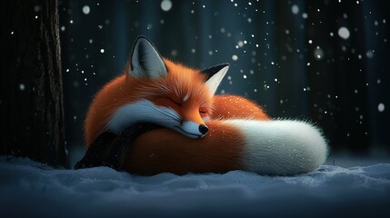 Fototapeta premium A red fox rests atop another fox in the snow, with its head resting on the other's back